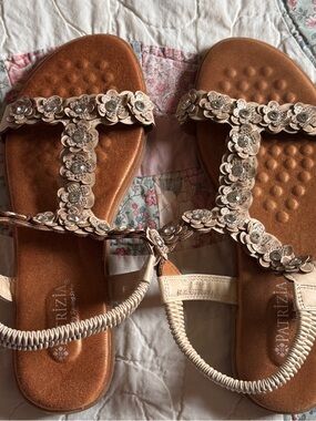 Patrizia Beige Floral T-Strap Sandals with Elastic Back